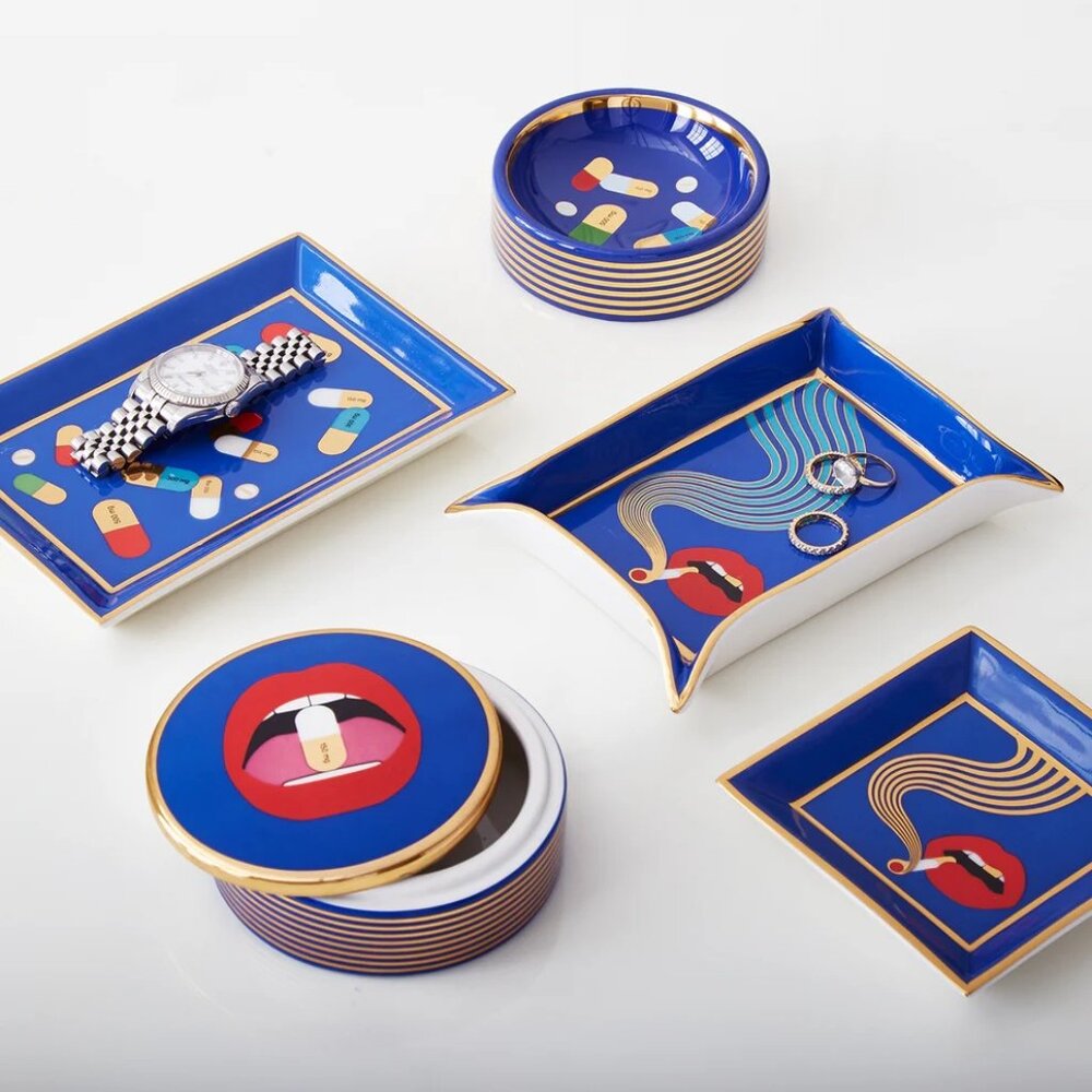 Brand New Jonathan Adler Blue Gold Red Porcelain Full Dose Square Tray - Picture 6 of 7